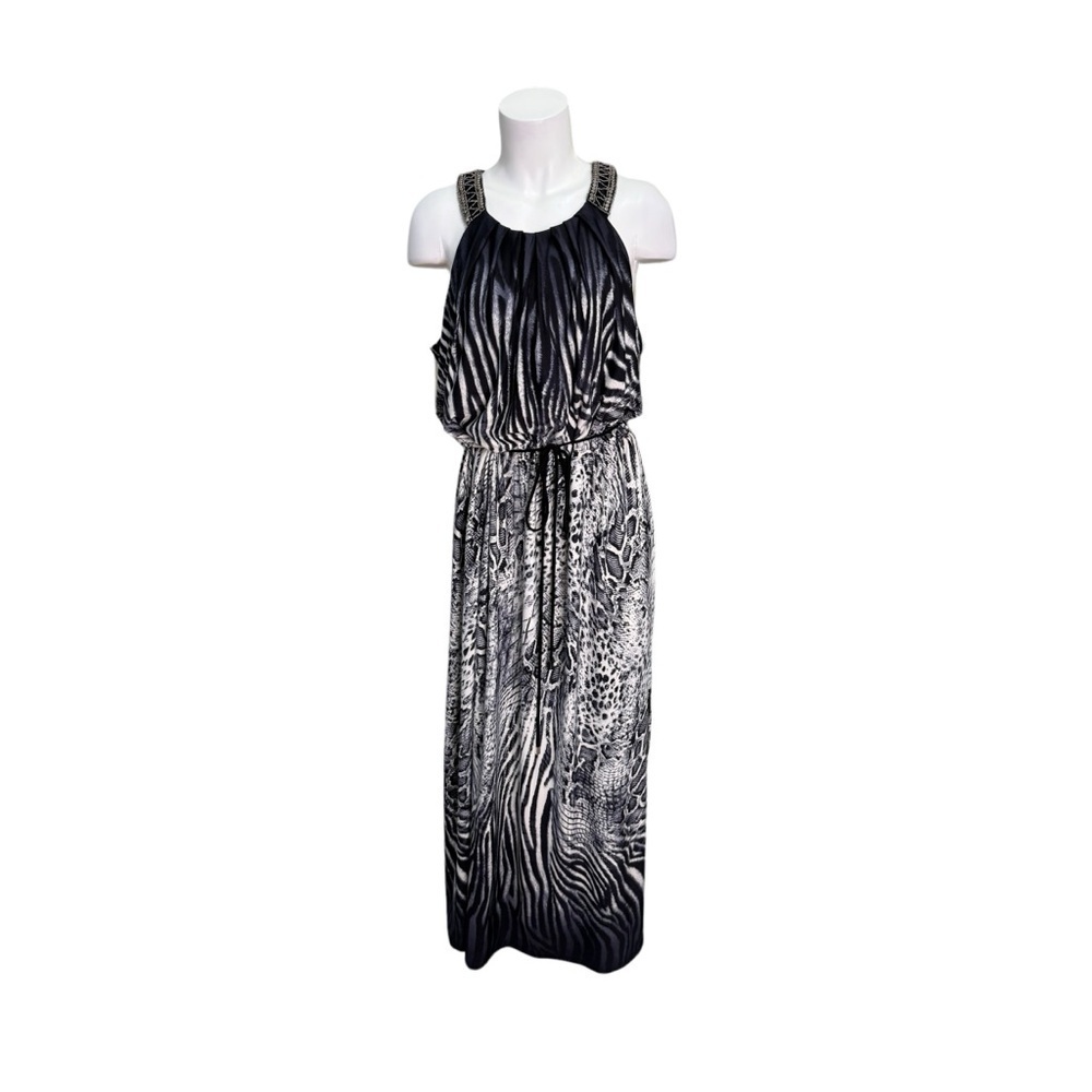 Sandra Darren Black & White Leopard Print Maxi Dress Size 16